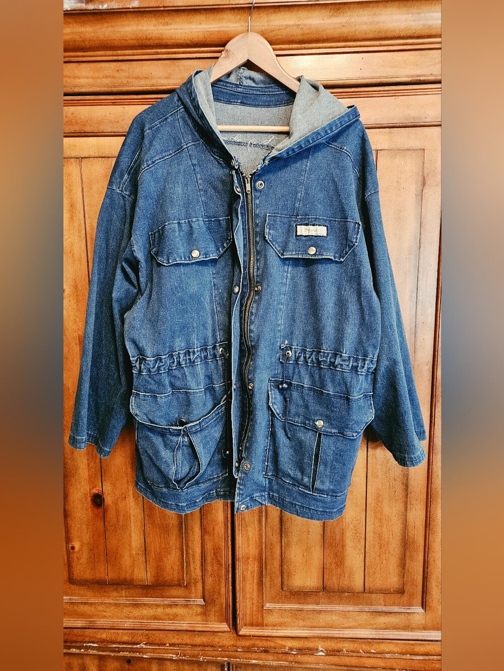 Vintage 70s 80s Oversized Hooded Denim Cargo Duffle Jean Jacket